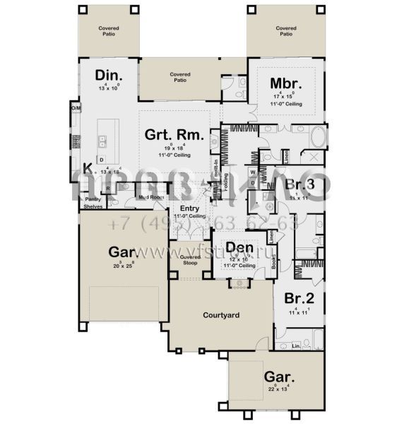 Проект одноэтажного дома с гаражом на три и более машин в прибрежном стиле S5-235 (963-00624)