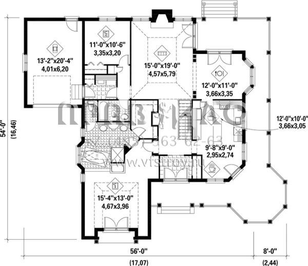 Проект одноэтажного дома с гаражом на одну машину в стиле Ранчо S5-161 (6146-00091)