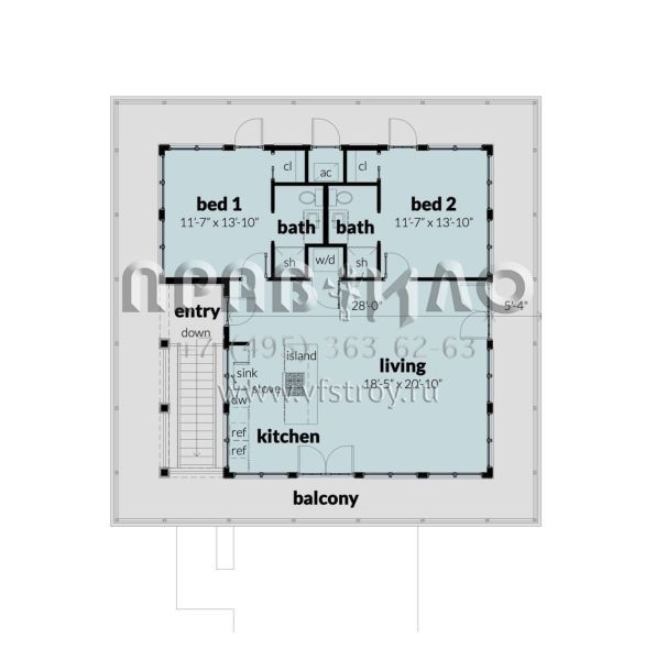 Проект двухэтажного дома с гаражом на две машины в стиле Ранчо S5-107 (028-00193)