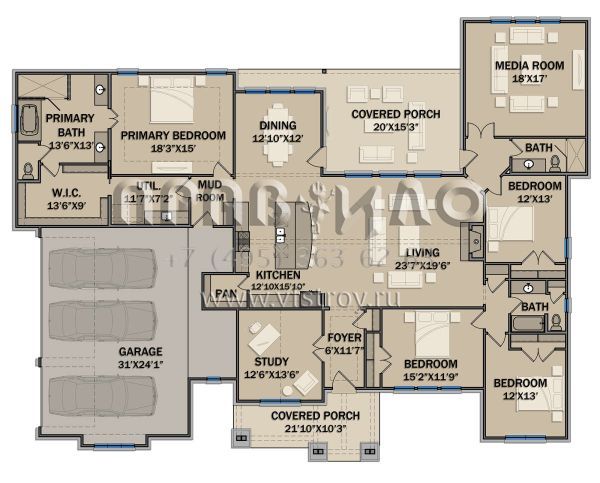 Проект одноэтажного дома с гаражом на три и более машин в американском стиле S5-299 (3571-00016)