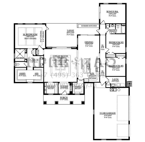 Проект одноэтажного дома с гаражом на три и более машин в стиле Ранчо S5-245 (3978-00168)