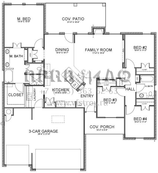 Проект одноэтажного дома с гаражом на три и более машин в стиле Ранчо S5-163 (677-00005)