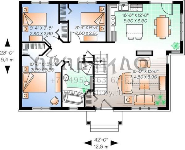 Проект одноэтажного дома без гаража в американском стиле S5-104 (034-00615)