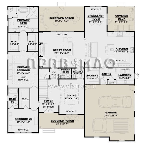 Проект двухэтажного дома с гаражом на две машины в стиле Ранчо S5-360 (7568-00008)