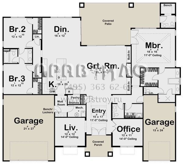 Проект одноэтажного дома с гаражом на три и более машин в прибрежном стиле S5-269 (963-00684)