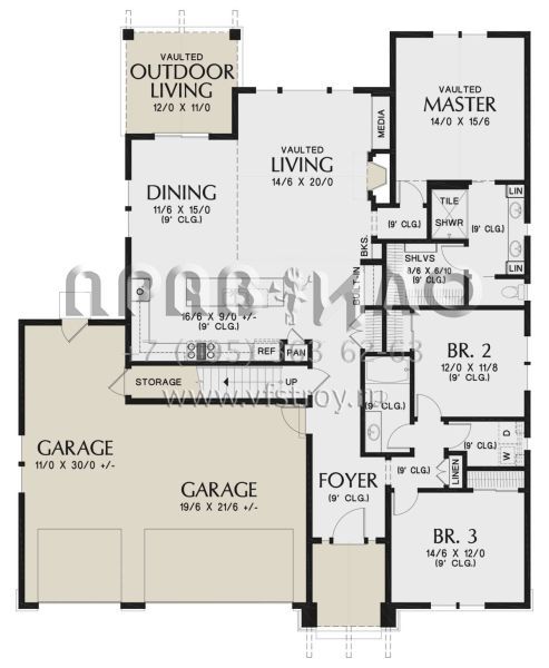 Проект одноэтажного дома с гаражом на три и более машин в американском стиле S5-227 (2559-00827)