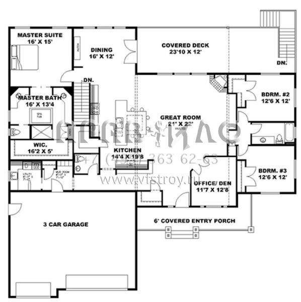 Проект одноэтажного дома с гаражом на три и более машин в американском стиле S5-403 (039-00701)