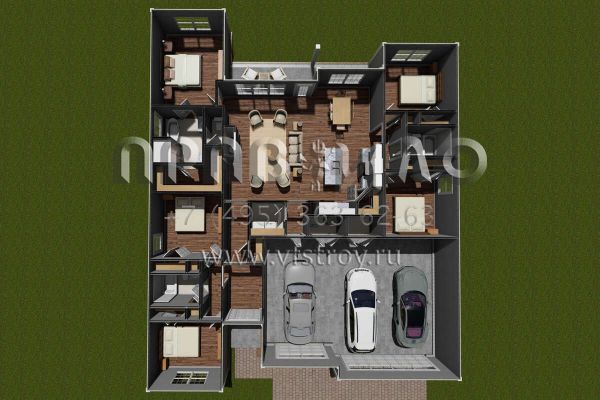 Проект одноэтажного дома с гаражом на три и более машин в стиле Ранчо S5-185 (4848-00338)