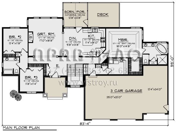 Проект одноэтажного дома с гаражом на три и более машин в американском стиле S5-340 (1020-00366)