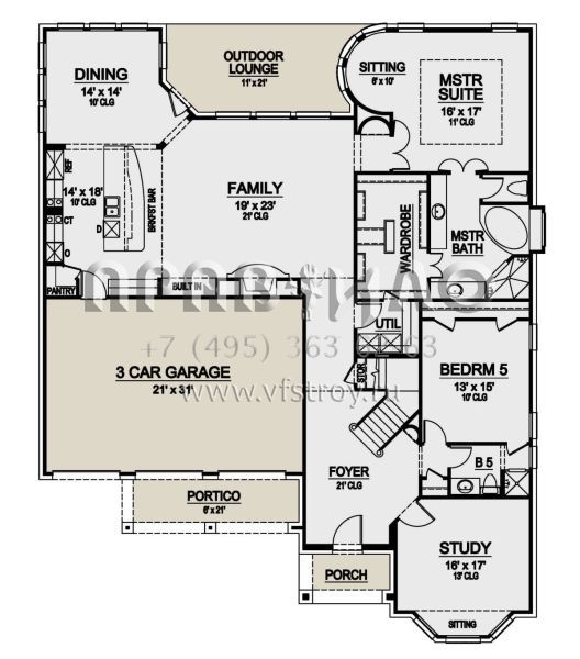 Проект двухэтажного дома с гаражом на три и более машин в стиле Ранчо S5-448 (5445-00434)