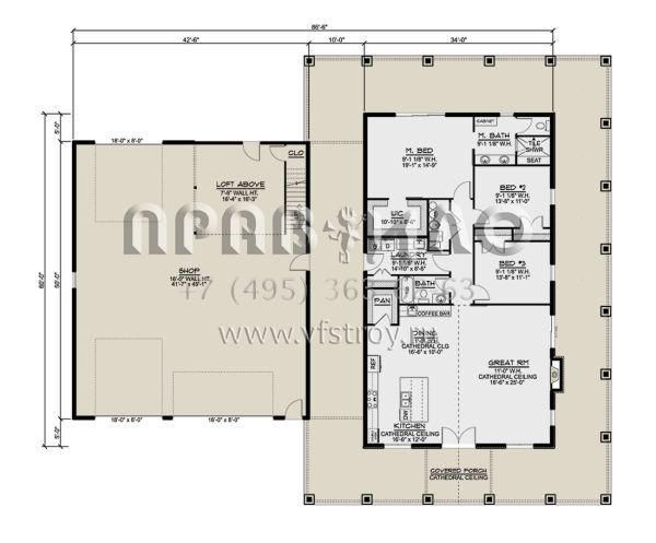 Проект одноэтажного дома с гаражом на три и более машин в стиле БарнХаус S5-190 (5032-00214)