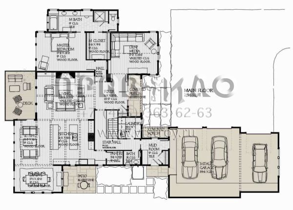 Проект одноэтажного дома с гаражом на три и более машин в стиле Ранчо S5-372 (1637-00150)
