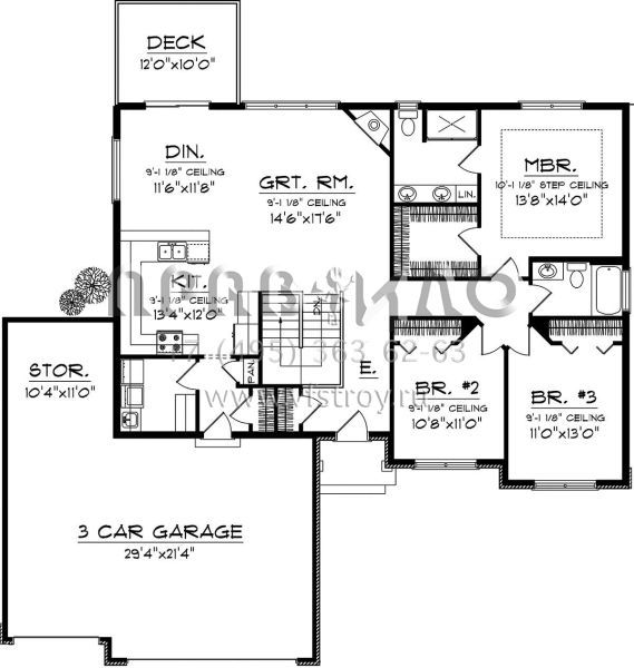 Проект одноэтажного дома с гаражом на три и более машин в стиле Ранчо S5-155 (1020-00231)
