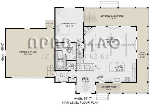 Проект двухэтажного дома с гаражом на две машины в стиле Ранчо S5-197 (940-00191)