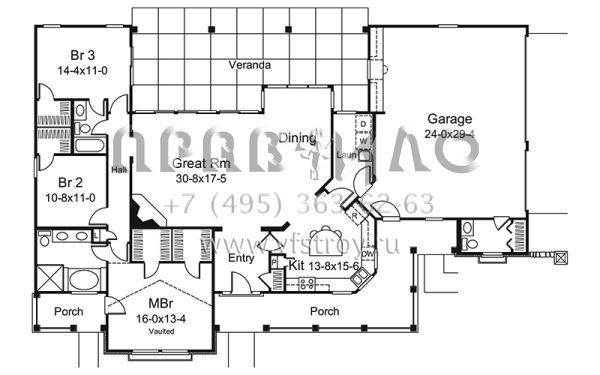 Проект одноэтажного дома с гаражом на три и более машин в стиле Ранчо S5-178 (5633-00304)