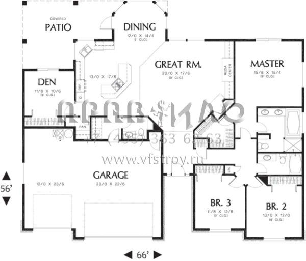 Проект одноэтажного дома с гаражом на три и более машин в стиле Ранчо S5-204 (2559-00133)