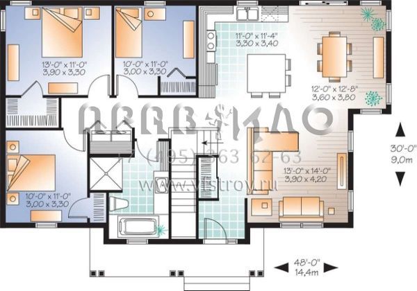 Проект одноэтажного дома без гаража в стиле Ранчо S5-122 (034-01057)