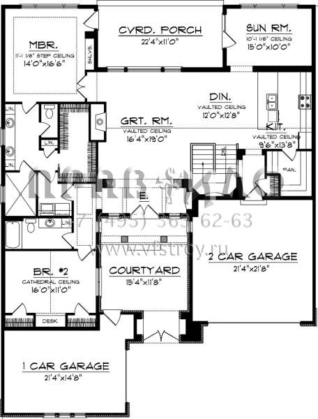Проект одноэтажного дома с гаражом на три и более машин в американском стиле S5-192 (1020-00236)