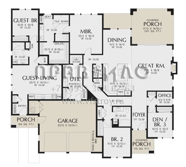 Проект одноэтажного дома с гаражом на две машины в стиле Ранчо S5-250 (2559-00972)