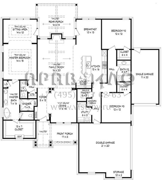 Проект одноэтажного дома с гаражом на три и более машин в американском стиле S5-214 (940-00007)