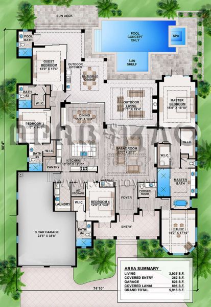 Проект одноэтажного дома с гаражом на три и более машин в прибрежном стиле S5-366 (207-00063)