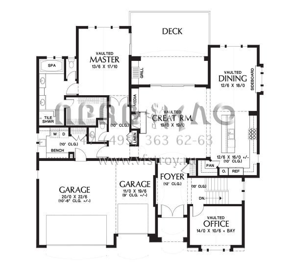 Проект одноэтажного дома с гаражом на три и более машин в стиле Ранчо S5-335 (2559-00712)