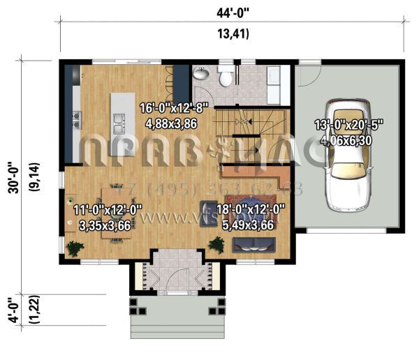 Проект двухэтажного дома с гаражом на одну машину в стиле Ранчо S5-182 (6146-00613)