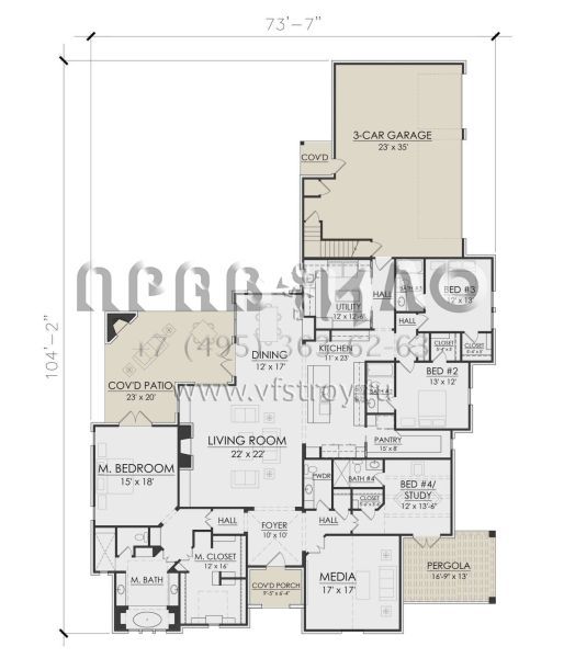 Проект одноэтажного дома с гаражом на три и более машин в английском стиле S5-336 (7071-00008)