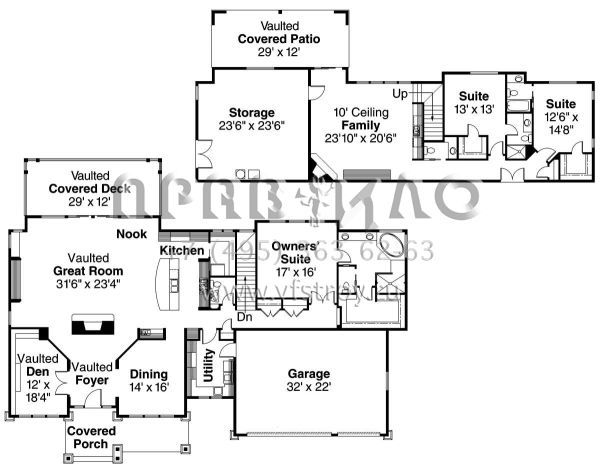 Проект двухэтажного дома с гаражом на три и более машин в стиле Ранчо S5-380 (035-00419)