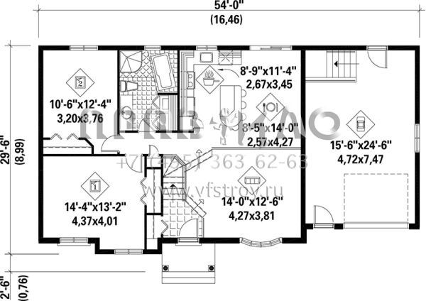 Проект одноэтажного дома с гаражом на одну машину в стиле Ранчо S5-100 (6146-00053)