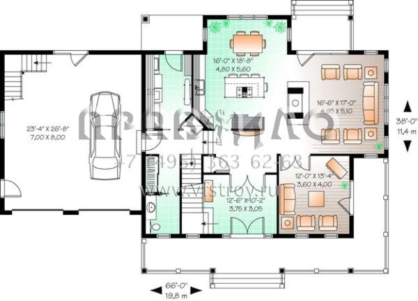 Проект двухэтажного дома с гаражом на две машины в стиле Ранчо S5-214 (034-00427)