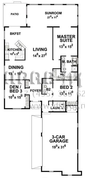 Проект одноэтажного дома с гаражом на три и более машин в стиле Ранчо S5-197 (402-01466)