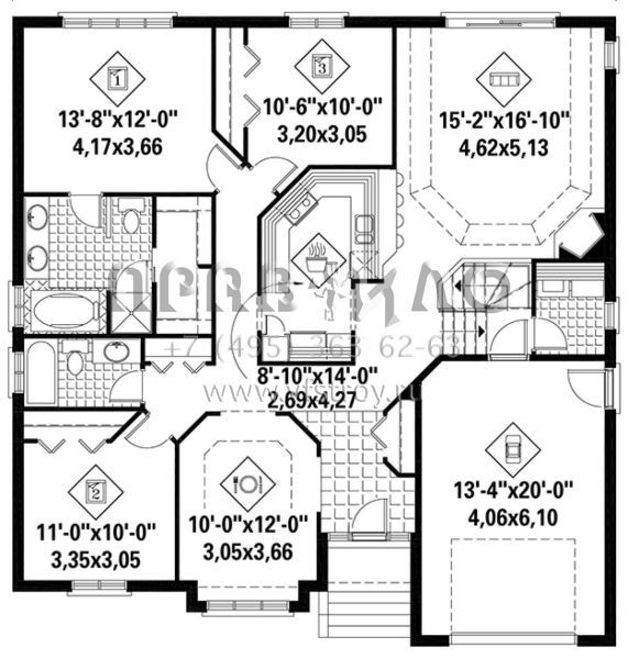 Проект одноэтажного дома с гаражом на одну машину в стиле Ранчо S5-149 (6146-00347)