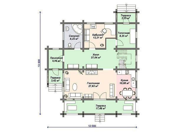 Проект деревянного дома из бревна 12 на 14 м с 3 спальнями S4-231 (ДО-075)