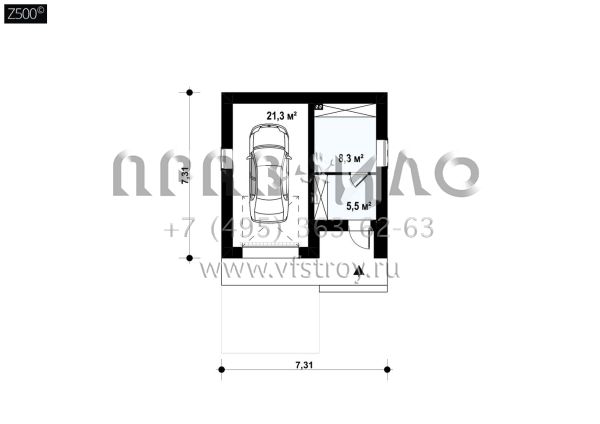 Проект одноместного гаража с подсобными помещениями SG3-36-1 (Zg2)