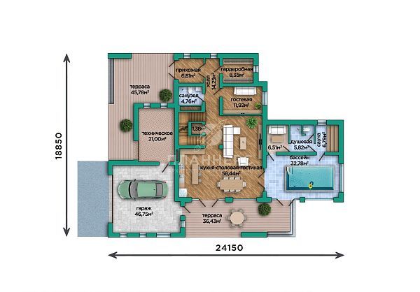 Проект с фасадом из серого кирпича, плоской крышей и гаражом на два автомобиля S2-552 (537-552-3Г)