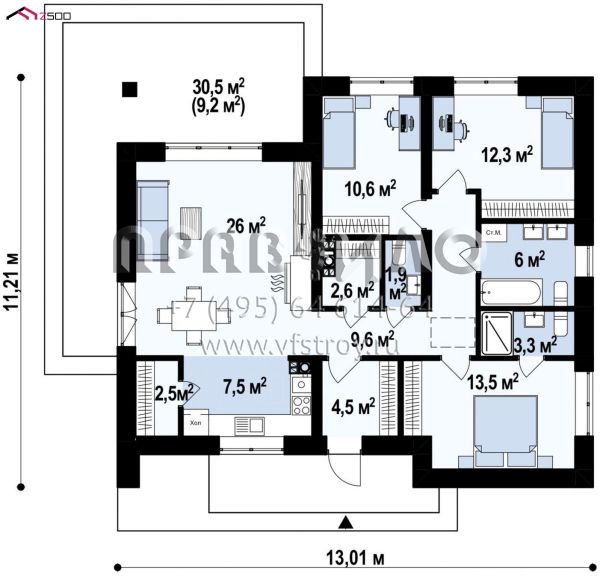 Проект одноэтажного каменного дома с большой гостиной и тремя спальнями S3-101-2 (Z332 D)