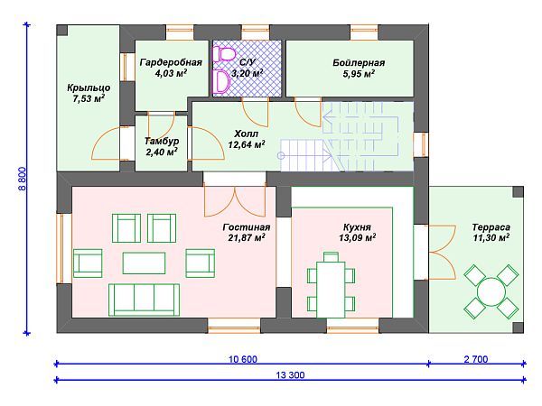 Проект каменного дома с 3 спальнями и террасой S4-149 (К-150)