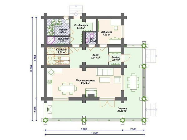 Проект деревянного дома из бревна 9 на 10 м с 3 спальнями и сауной S4-191 (ДО-132)