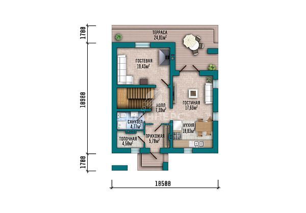 Проект с мансардой, террасой и фасадом из серого кирпича S2-148 (505-148-1М)