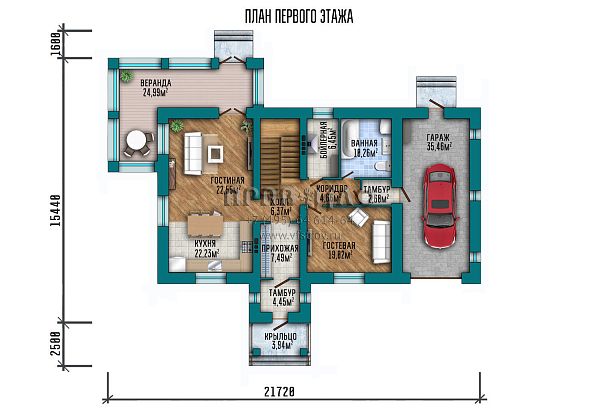 Проект двухэтажного классического дома с большой верандой и гаражом на 2 автомобиля S2-273 (056-273-2Г)