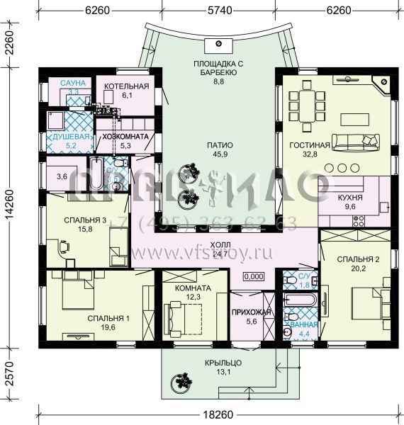 Проект одноэтажного дома с внутренним двором S7-196(5-01)