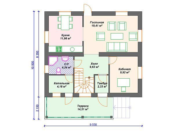 Проект каменного дома с 3 спальнями S4-135 (К-199)