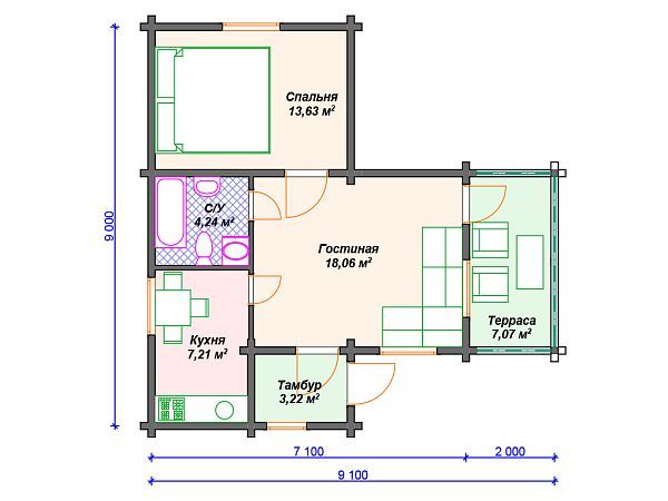 Проект одноэтажного деревянного дома с террасой S4-53 (ДС-104)