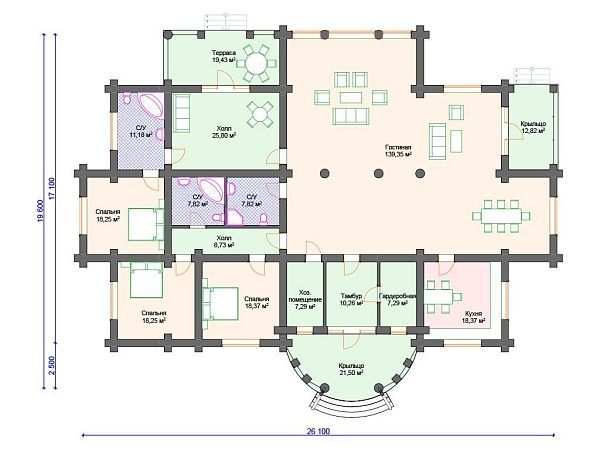 Проект деревянного дома из бревна 19 на 26 м с 3 спальнями S4-353 (ДО-101)