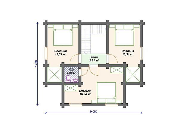 Проект деревянного дома из бревна 9 на 9 м с 3 спальнями S4-122 (ДО-142)