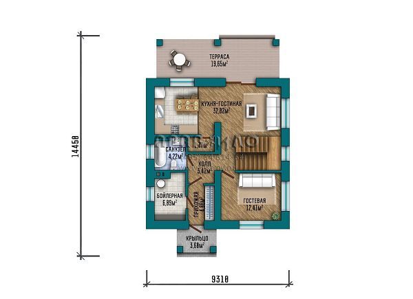 Проект небольшого дома с мансардным этажом и просторной кухней-гостиной с выходом на крытую террасу S2-134 (351-134-1М)