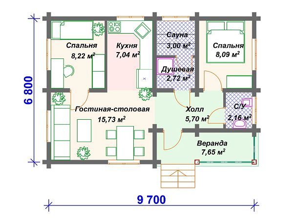 Проект одноэтажного дома с сауной S4-60 (ДС-036)
