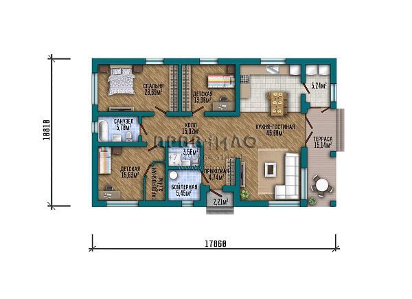 Проект одноэтажного дома с комбинированной отделкой с применением декоративной штукатурки и планкена S2-157 (382-157-1)