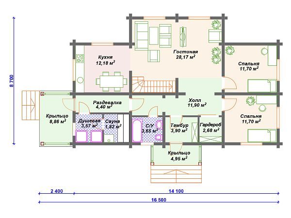 Проект деревянного дома для узкого участка с вторым светом и сауной S4-182 (ДС-144)